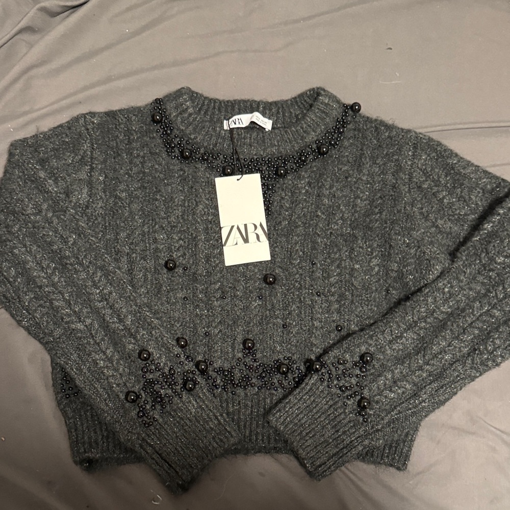 Zara Charcoal Beaded Crew Neck Sweater